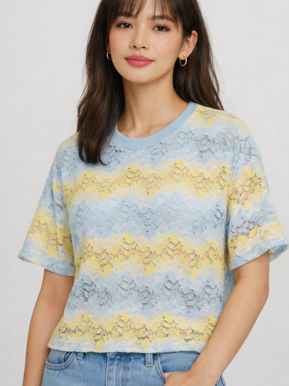 NWT ZARA Womens Pastel Powder Blue Spring Yellow Lace Blouse Size Medium